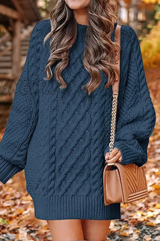 Hnewly - Elegant Solid Hollowed Out O Neck Long Sleeve Dresses(12 Colors) Tibetan Blue / S