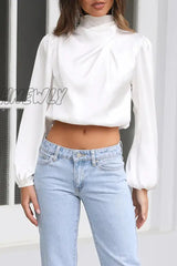 Hnewly - Elegant Solid Patchwork Halter Tops Tops/Long Sleeve