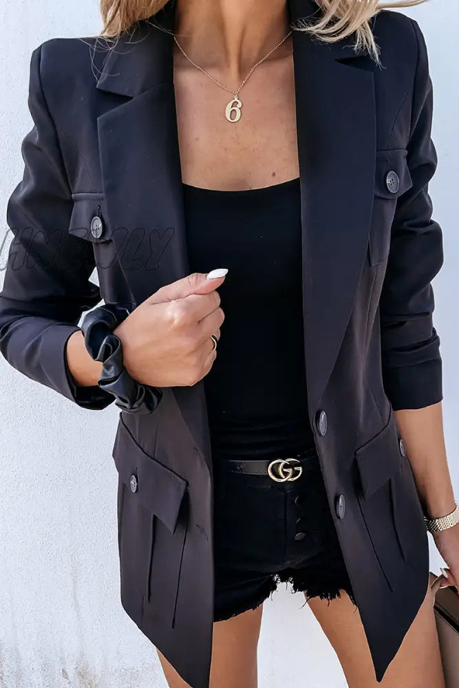 Hnewly - Elegant Solid Pocket Buckle Turn-Back Collar Outerwear Outerwear/Suit Jacket