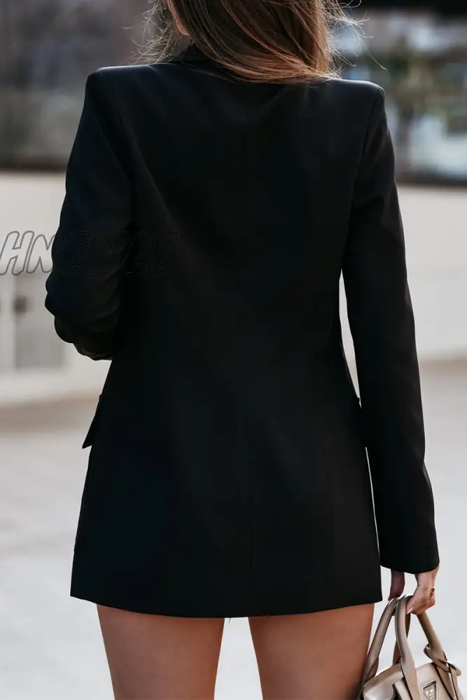 Hnewly - Elegant Solid Pocket Buckle Turn-Back Collar Outerwear Outerwear/Suit Jacket