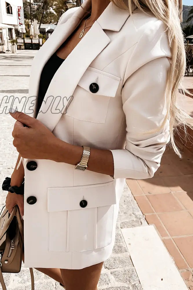 Hnewly - Elegant Solid Pocket Buckle Turn-Back Collar Outerwear Outerwear/Suit Jacket
