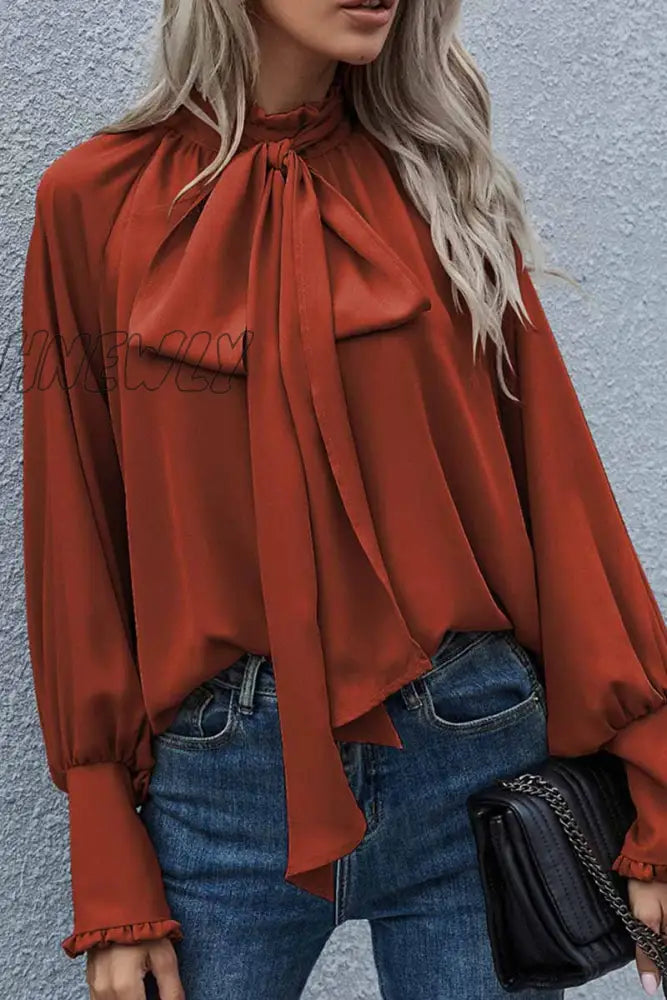 Hnewly - Elegant Solid With Bow O Neck Tops Burgundy / S Tops/Long Sleeve