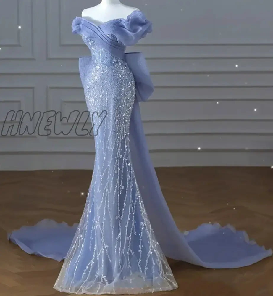 Hnewly Elegant Trumpet Blue Formal Evening Dress Women Luxury Beading Party Dresses Exquisite Train