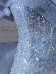 Hnewly Elegant Trumpet Blue Formal Evening Dress Women Luxury Beading Party Dresses Exquisite Train