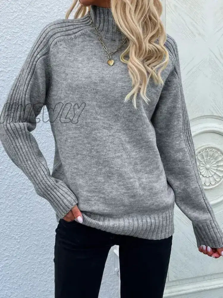 Hnewly Elegant Turtle Neck Long Sleeve Sweater Fall Winter Casual Women Basics Clothing Gray / M