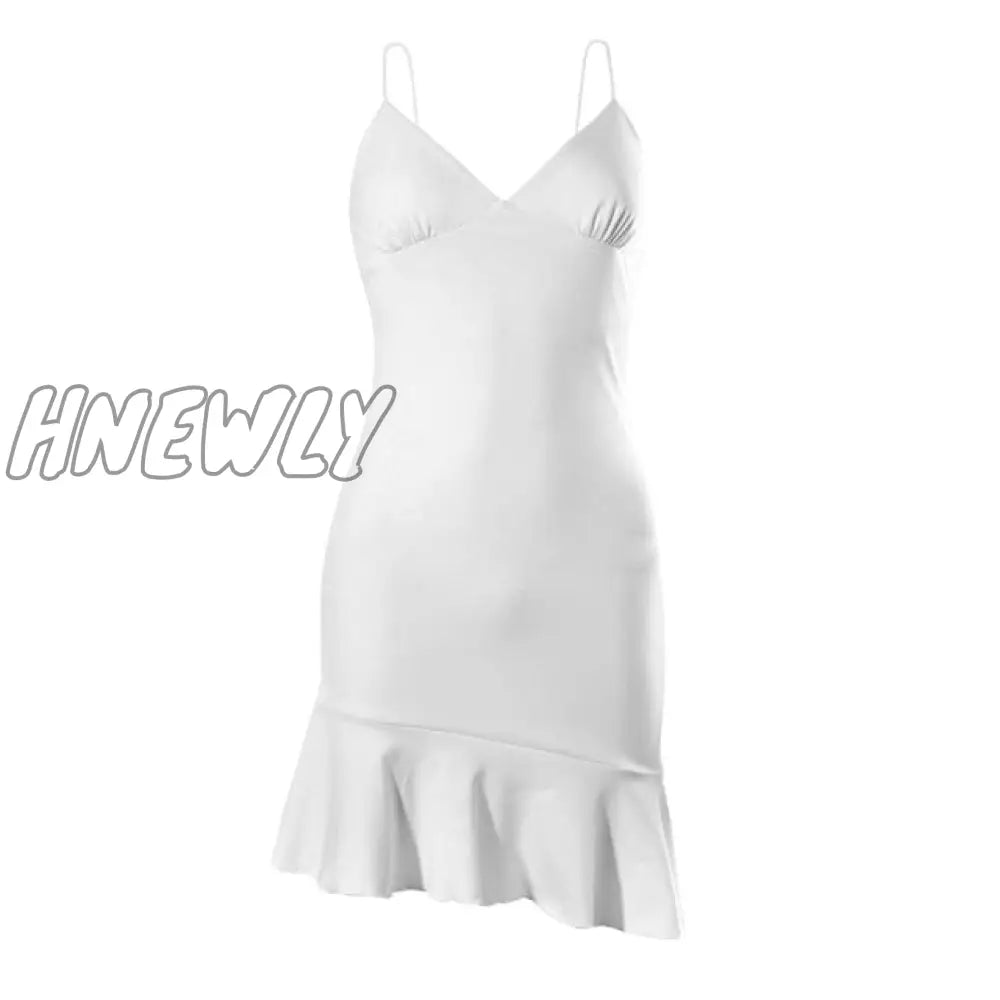 Hnewly Elegant V Neck Ruffles Strap Sexy Bodycon Dress For Women Summer Sleeveless Office Lady