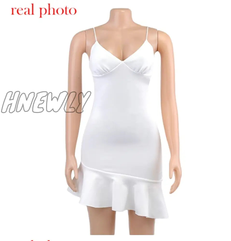 Hnewly Elegant V Neck Ruffles Strap Sexy Bodycon Dress For Women Summer Sleeveless Office Lady