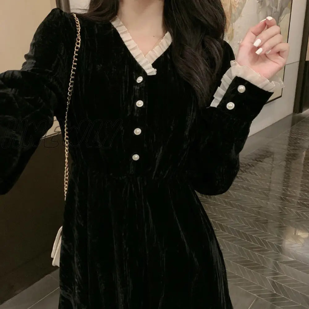 Hnewly Elegant Vintage Dress Women Long Sleeve Solid Black Party Female V - Neck Lace Midi Gothic