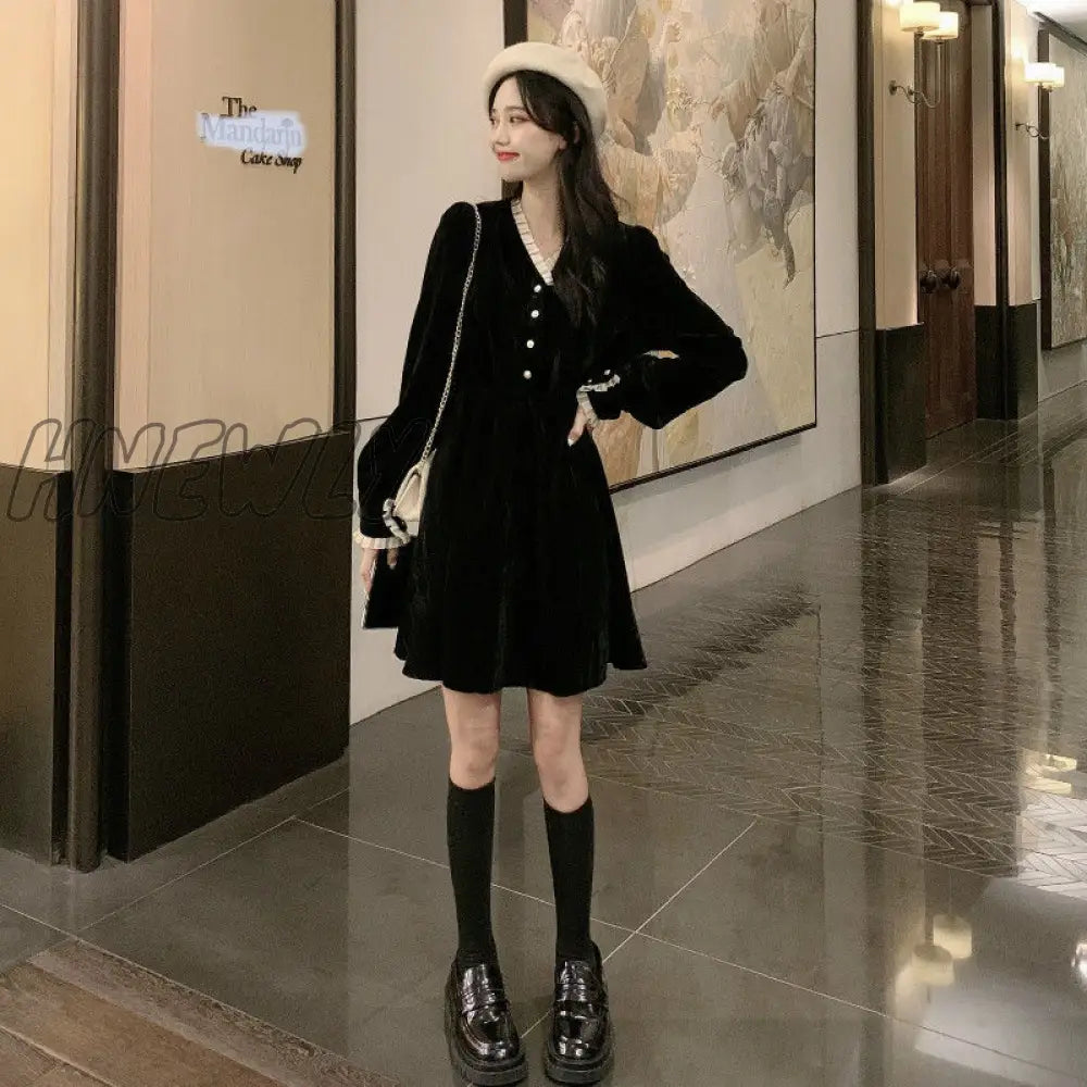 Hnewly Elegant Vintage Dress Women Long Sleeve Solid Black Party Female V - Neck Lace Midi Gothic