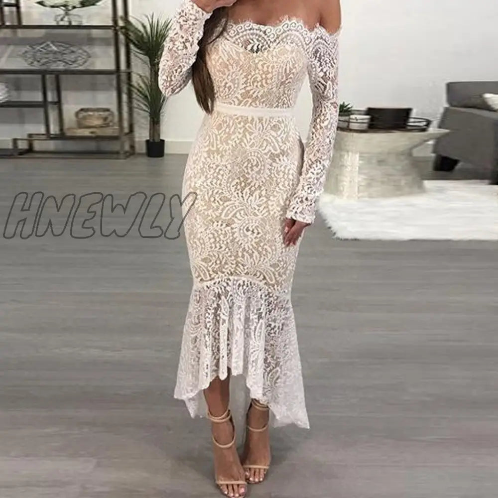 Hnewly Elegant White Party Dress For Bridal Lace Wedding Sexy Cold Shoulder Midi Social Festival
