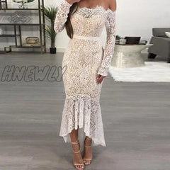 Hnewly Elegant White Party Dress For Bridal Lace Wedding Sexy Cold Shoulder Midi Social Festival