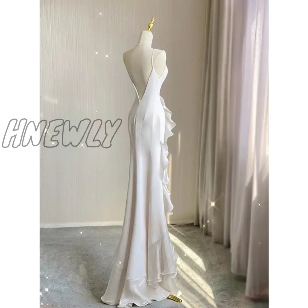 Hnewly Elegant White Round Neck Slim Fit Sleeveless Women Wedding Dress Evening Party Gown With