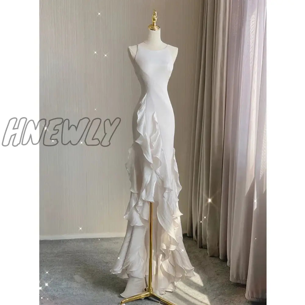 Hnewly Elegant White Round Neck Slim Fit Sleeveless Women Wedding Dress Evening Party Gown With