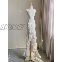 Hnewly Elegant White Round Neck Slim Fit Sleeveless Women Wedding Dress Evening Party Gown With