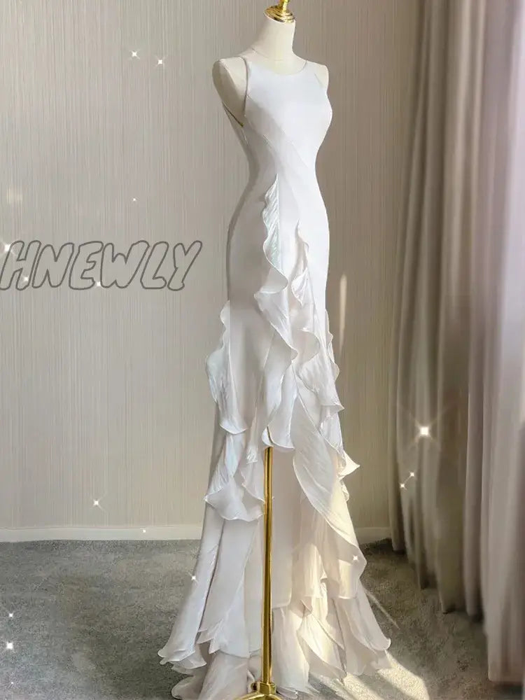 Hnewly Elegant White Round Neck Slim Fit Sleeveless Women Wedding Dress Evening Party Gown With