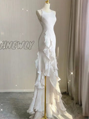 Hnewly Elegant White Round Neck Slim Fit Sleeveless Women Wedding Dress Evening Party Gown With