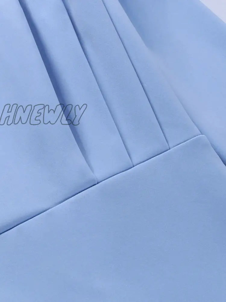 Hnewly Elegant Women Dress Stand Collar Slim Waist Solid Blue Ankle Length Autumn Long Sleeve