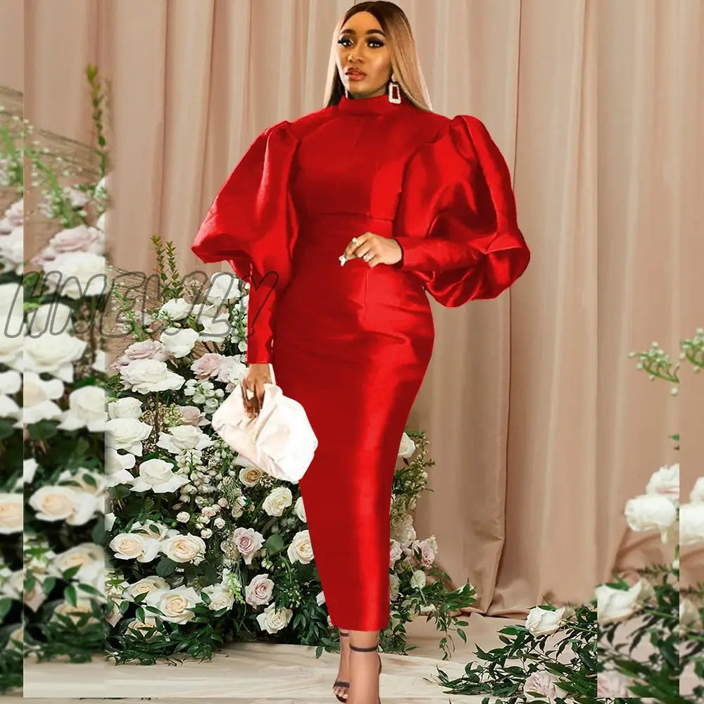 Hnewly Elegant Women Dresses Puffy Long Sleeve Slim Fit Bright Sparkly Dress Large Size 3Xl Classy