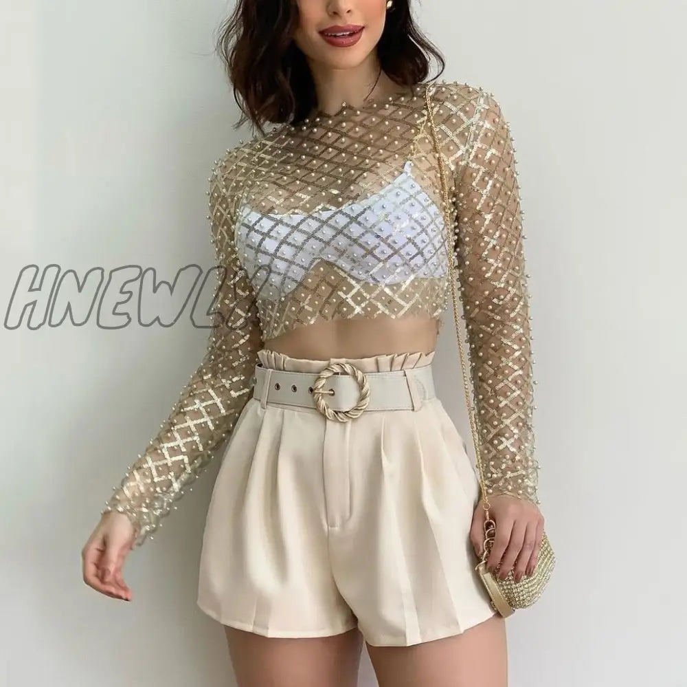 Hnewly Embroidered Flares Glitter Sexy T-Shirt Women O Neck Full Sleeve Crop Top Ladies Mesh Shiny