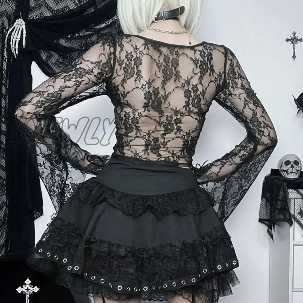 Hnewly Fairy Cottage Floral Lace Crop Tops Women Korean Long Sleeve Slim Fit Tees Y2K Vintage V