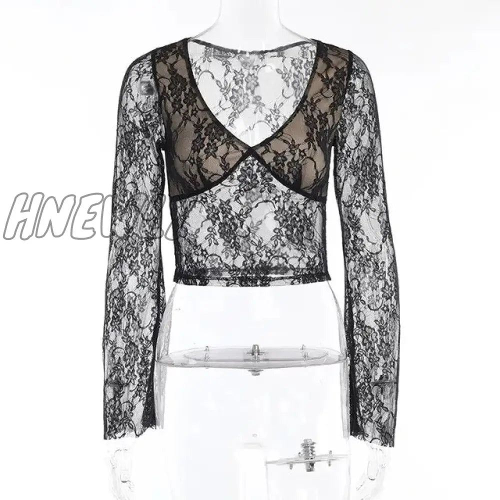 Hnewly Fairy Cottage Floral Lace Crop Tops Women Korean Long Sleeve Slim Fit Tees Y2K Vintage V