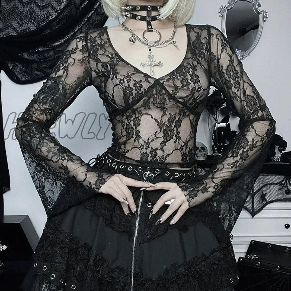 Hnewly Fairy Cottage Floral Lace Crop Tops Women Korean Long Sleeve Slim Fit Tees Y2K Vintage V
