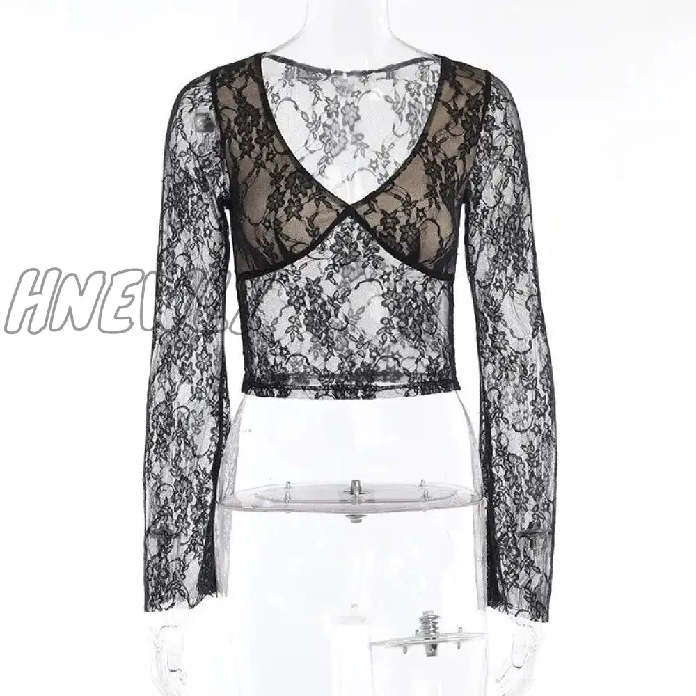 Hnewly Fairy Cottage Floral Lace Crop Tops Women Korean Long Sleeve Slim Fit Tees Y2K Vintage V