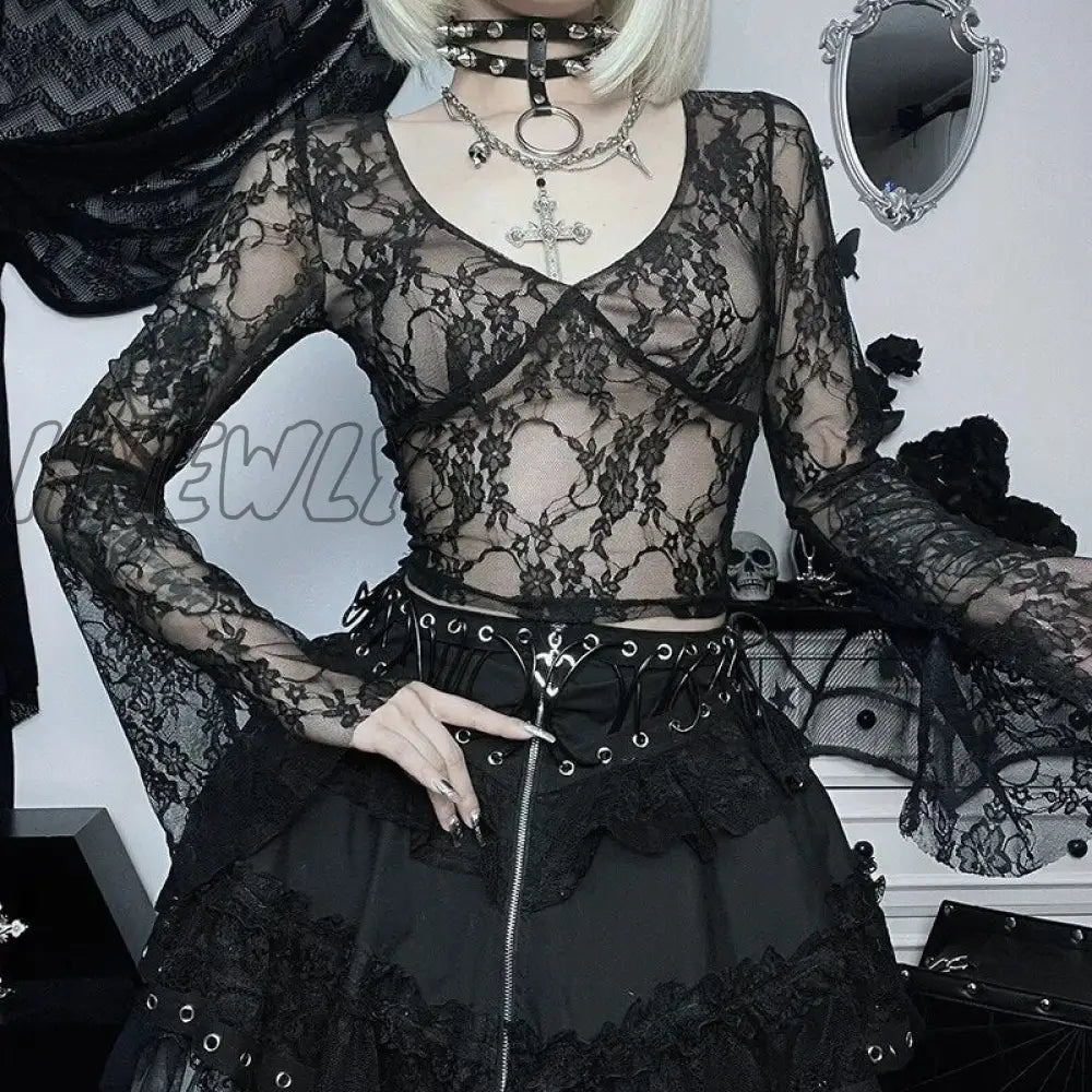 Hnewly Fairy Cottage Floral Lace Crop Tops Women Korean Long Sleeve Slim Fit Tees Y2K Vintage V