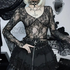 Hnewly Fairy Cottage Floral Lace Crop Tops Women Korean Long Sleeve Slim Fit Tees Y2K Vintage V