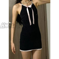 Hnewly Fairy Grunge Dress Y2K Women Lace Trim Spaghetti Strap Sleeveless Backless Bodycon With Bow