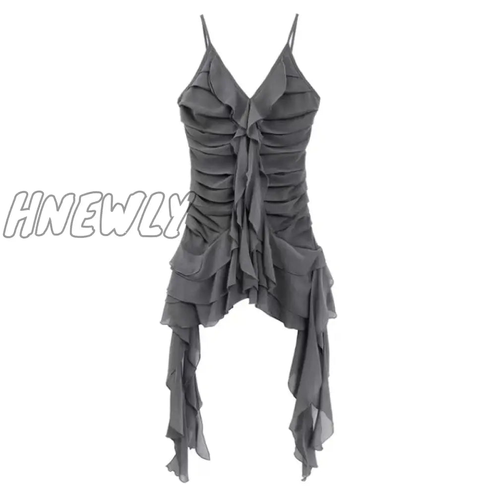 Hnewly Fairy Grunge Ruffles Mini Dress Women Sexy Gothic V-Neck Irregular Patchwork Backless