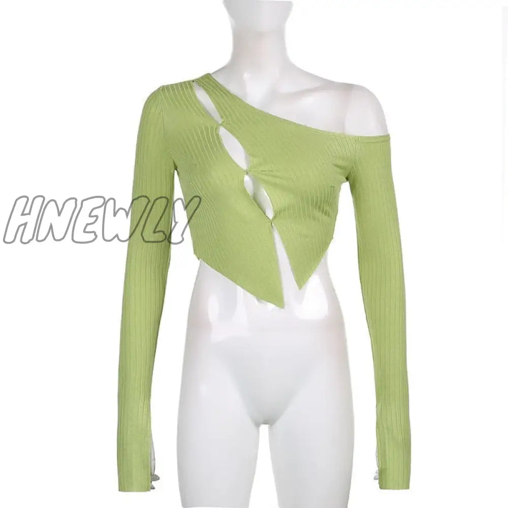 Hnewly Fairy Grunge Solid Knitted Crop Top Sexy Asymmetrical Hollow Slit Long Sleeve T Shirt Women