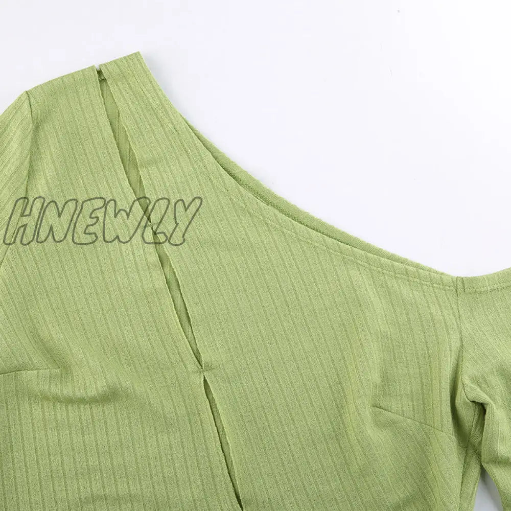 Hnewly Fairy Grunge Solid Knitted Crop Top Sexy Asymmetrical Hollow Slit Long Sleeve T Shirt Women