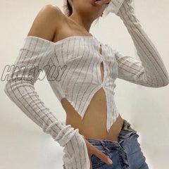 Hnewly Fairy Grunge Solid Knitted Crop Top Sexy Asymmetrical Hollow Slit Long Sleeve T Shirt Women