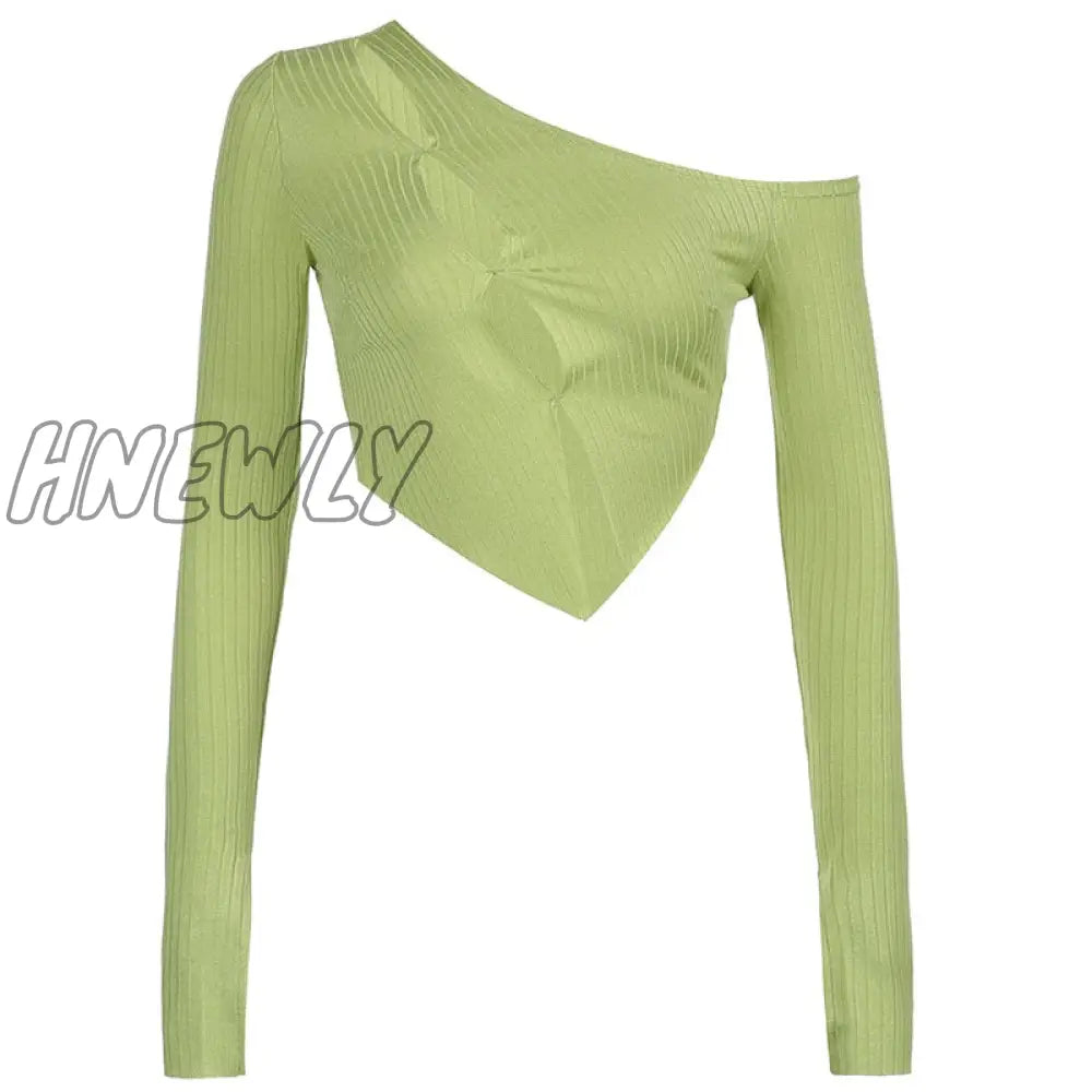 Hnewly Fairy Grunge Solid Knitted Crop Top Sexy Asymmetrical Hollow Slit Long Sleeve T Shirt Women