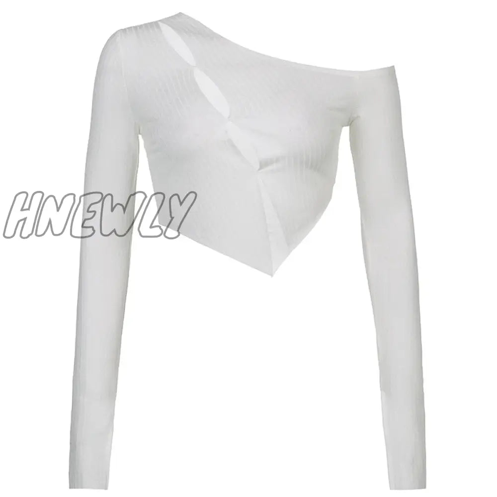 Hnewly Fairy Grunge Solid Knitted Crop Top Sexy Asymmetrical Hollow Slit Long Sleeve T Shirt Women