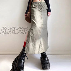 Hnewly Fairycore Aesthetic Cargo Skirt Y2K Solid Color Drawstring Low Waist Long With Pockets 2000S