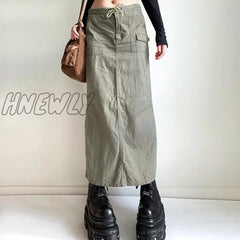 Hnewly Fairycore Aesthetic Cargo Skirt Y2K Solid Color Drawstring Low Waist Long With Pockets 2000S