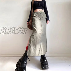 Hnewly Fairycore Aesthetic Cargo Skirt Y2K Solid Color Drawstring Low Waist Long With Pockets 2000S