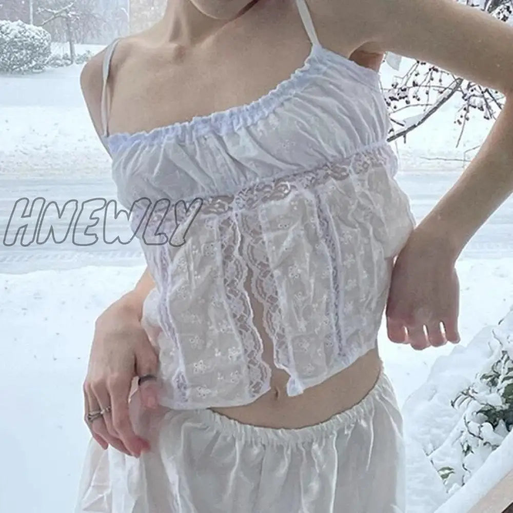 Hnewly Fairycore Cute Lace And Ribbon Tank Tops 00S Y2K Retro Front Hook White Vest Summer Vintage