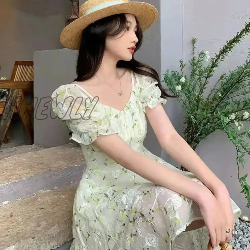 Hnewly Fairycore Floral Embroidery Dresses Female French Temperament Light Green Mini Dress Women