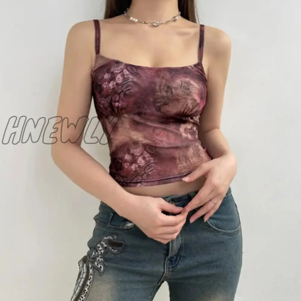 Hnewly Fairycore Grunge Floral Print Crop Top Vintage 2000S Y2K Aesthetic Tank Tops Chic Korean