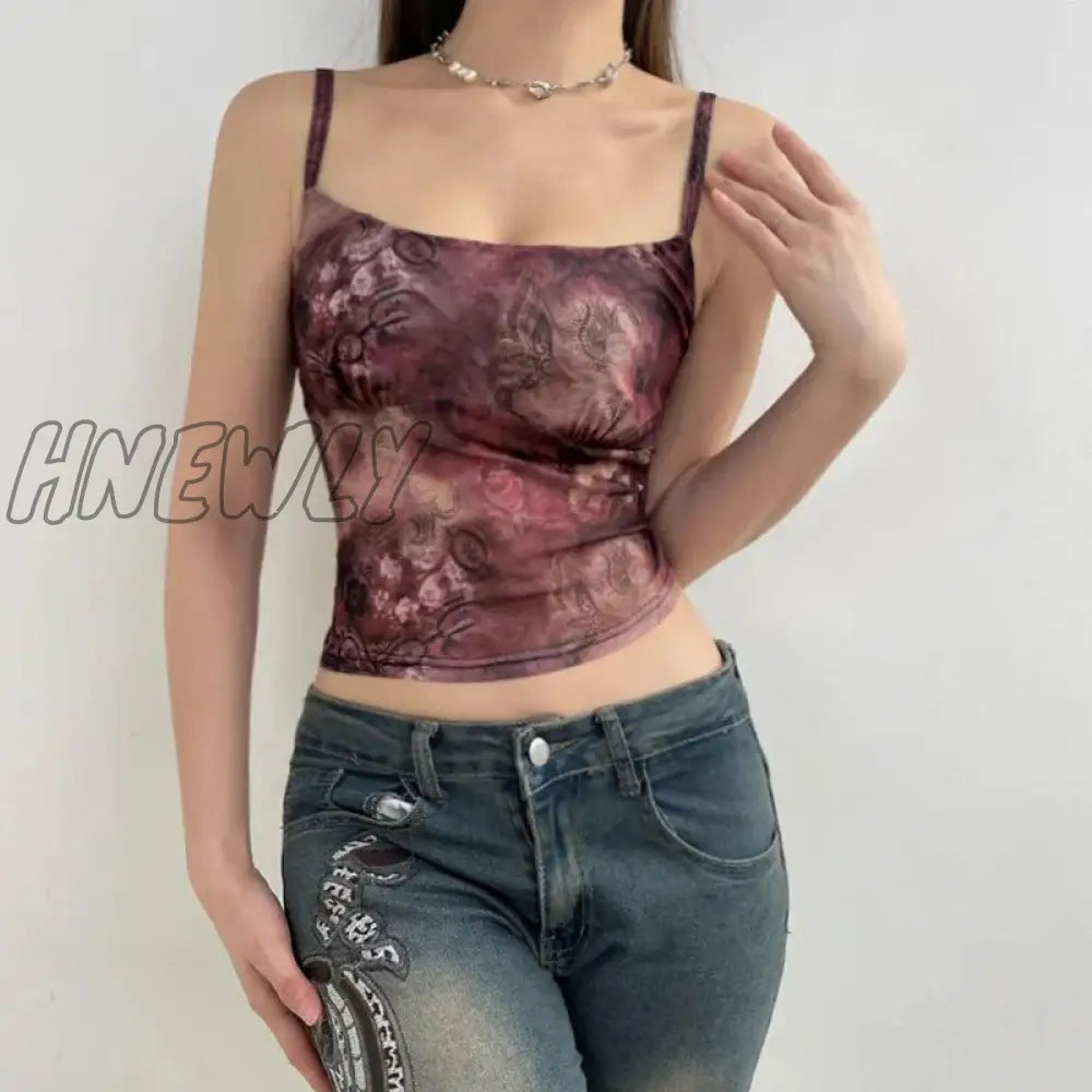 Hnewly Fairycore Grunge Floral Print Crop Top Vintage 2000S Y2K Aesthetic Tank Tops Chic Korean