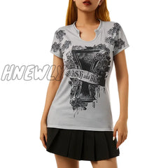 Hnewly Fairycore Grunge Rhinestone Top 2000S Vintage Kawaii Pullovers Chic Women Gray Tee Sexy