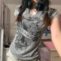 Hnewly Fairycore Grunge Rhinestone Top 2000S Vintage Kawaii Pullovers Chic Women Gray Tee Sexy