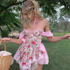 Hnewly Fairycore Grunge Y2K Dress Women Streetwear Cottagecore Vintage Elegant Floarls Printed Pink