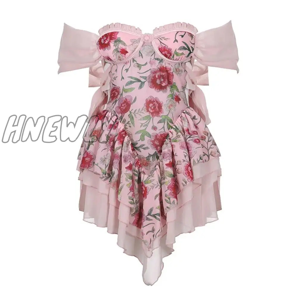 Hnewly Fairycore Grunge Y2K Dress Women Streetwear Cottagecore Vintage Elegant Floarls Printed Pink