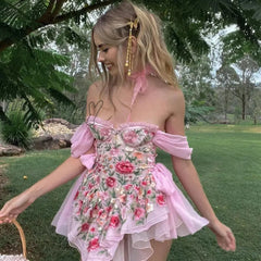 Hnewly Fairycore Grunge Y2K Dress Women Streetwear Cottagecore Vintage Elegant Floarls Printed Pink