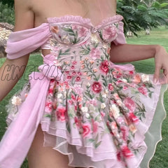 Hnewly Fairycore Grunge Y2K Dress Women Streetwear Cottagecore Vintage Elegant Floarls Printed Pink
