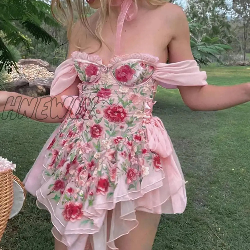 Hnewly Fairycore Grunge Y2K Dress Women Streetwear Cottagecore Vintage Elegant Floarls Printed Pink
